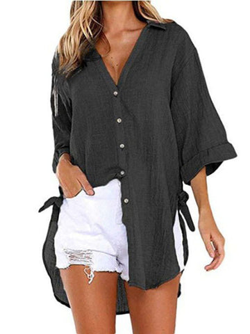 Airchics mi-longue blouse robe en lin coton boutonnage v-cou manches 3/4 femme casual chemisier